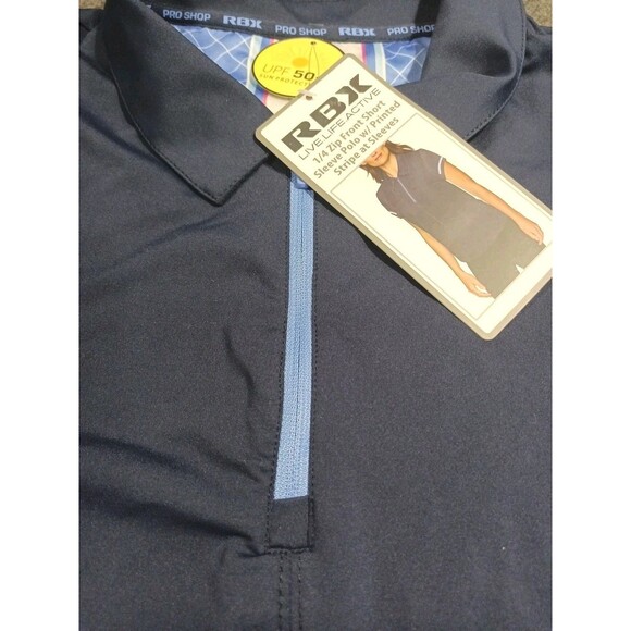 RBX Women's 1/4 Zip Front Short Polo W/ Printed Stripe At Sleeves Large NWT Blue - Picture 10 of 16
